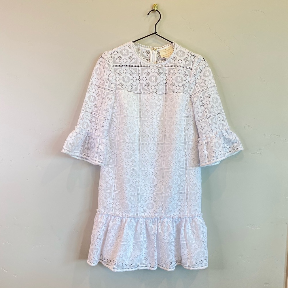 KATE SPADE Scenic Route White Lace Flounce Shift Dress Casual Wedding